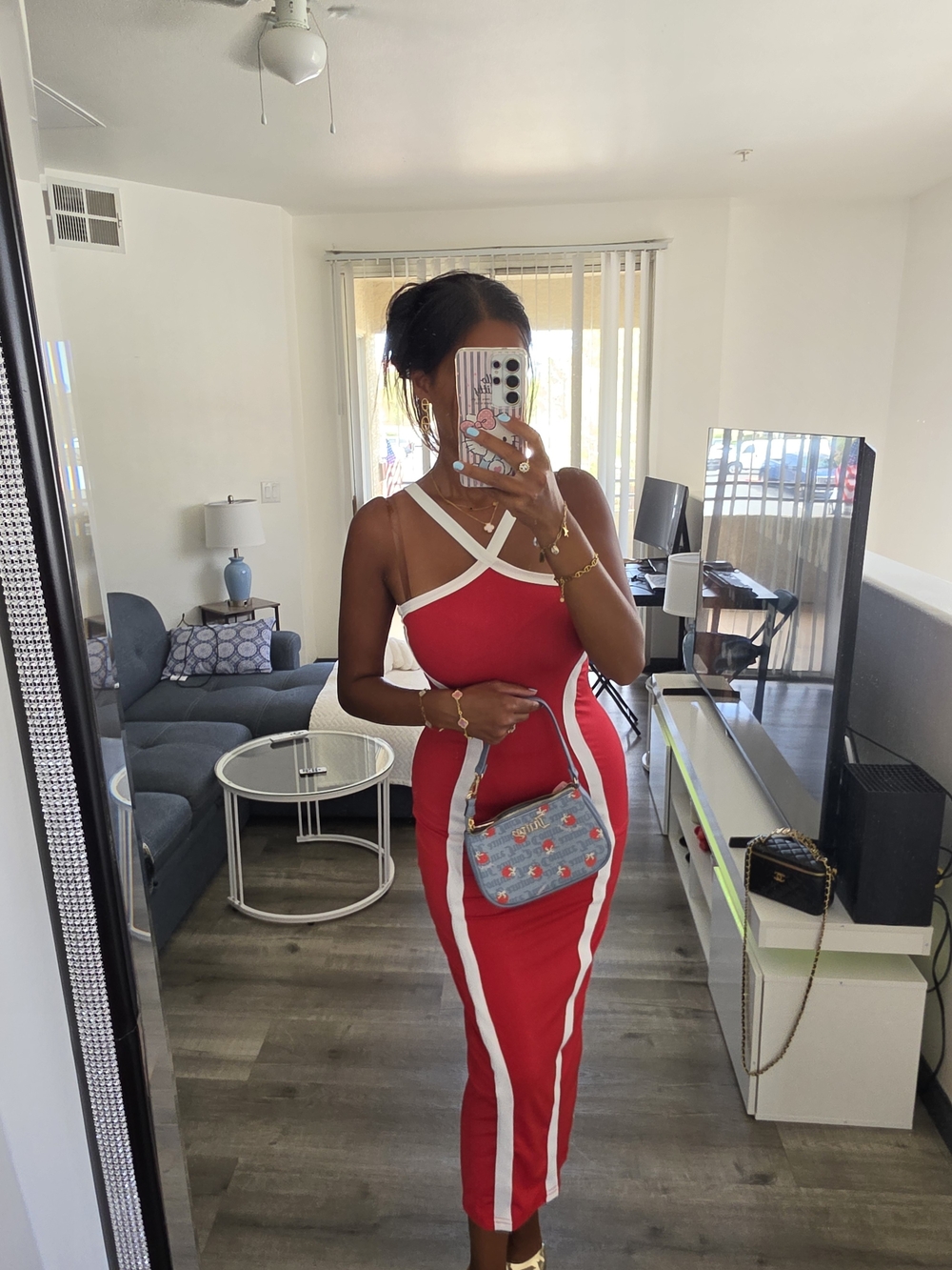 Red Striped Bodycon Midi Dress with White Trim